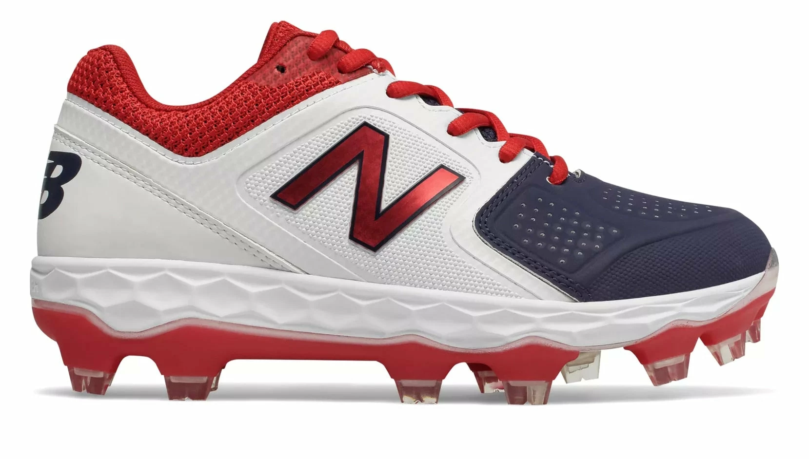 New Balance SPVELOv1 Fastpitch TPU Molded Cleat Low-Cut - White Navy Red 3 New Balance SPVELOv1 Fastpitch TPU Molded Cleat Low-Cut - White Navy Red
